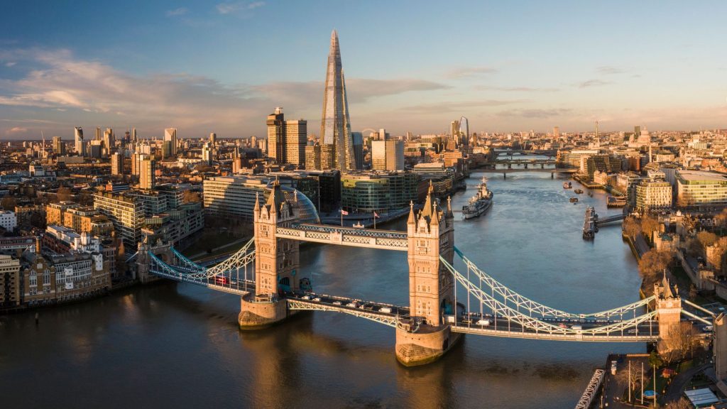 UK, London, Aerial view of Tower Bridge over River Thames at sunset