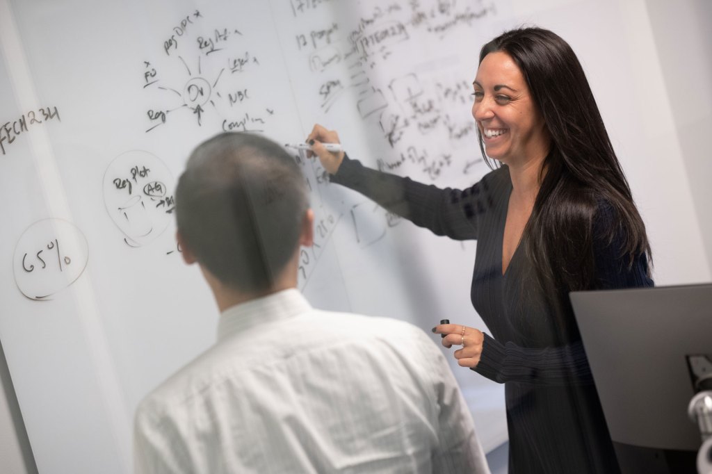 About: High Touch. A woman works at a whiteboard in front of an audience.